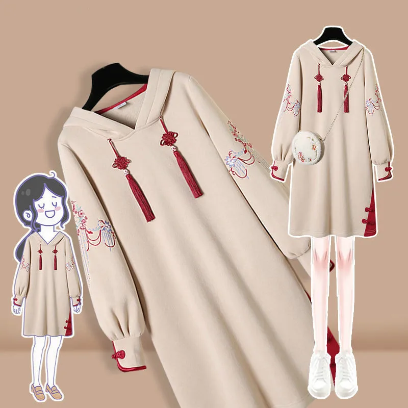 

Large Size Hoodies Autumn New Women's Sweatshirt Chinese Style Long-sleeved Loose Slim Embroidered Dress Top Hoodie Women