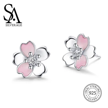 

SA SILVERAGE Peach Blossom Female Birthday Gift Woman Petals Earrings Zirconia Romantic S925 Flower Sterling Silver Earrings