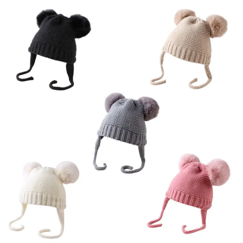 Cute Winter Warm Kids Girls Boys Baby Hats Knitted Wool Hemming Caps With Ball | Детская одежда и обувь