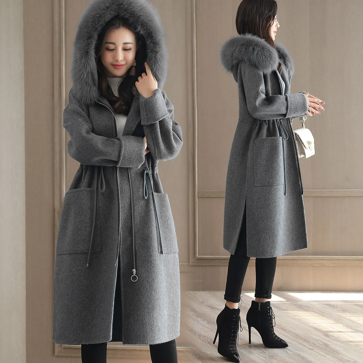 

Woolen Overcoat Women's Mid-length 2018 Korean-style Autumn And Winter Large Size Thick Waist Hugging over-the-Knee Large Fur Co