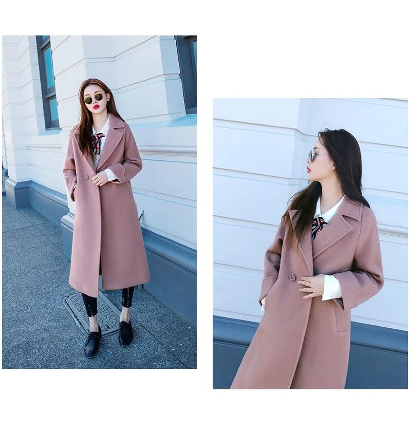 Женское XS-2XL шерстяное пальто, двубортная куртка размера плюс, длинное шерстяное пальто из смешанной ткани, модная женская одежда, розовые, синие пальто Kpop