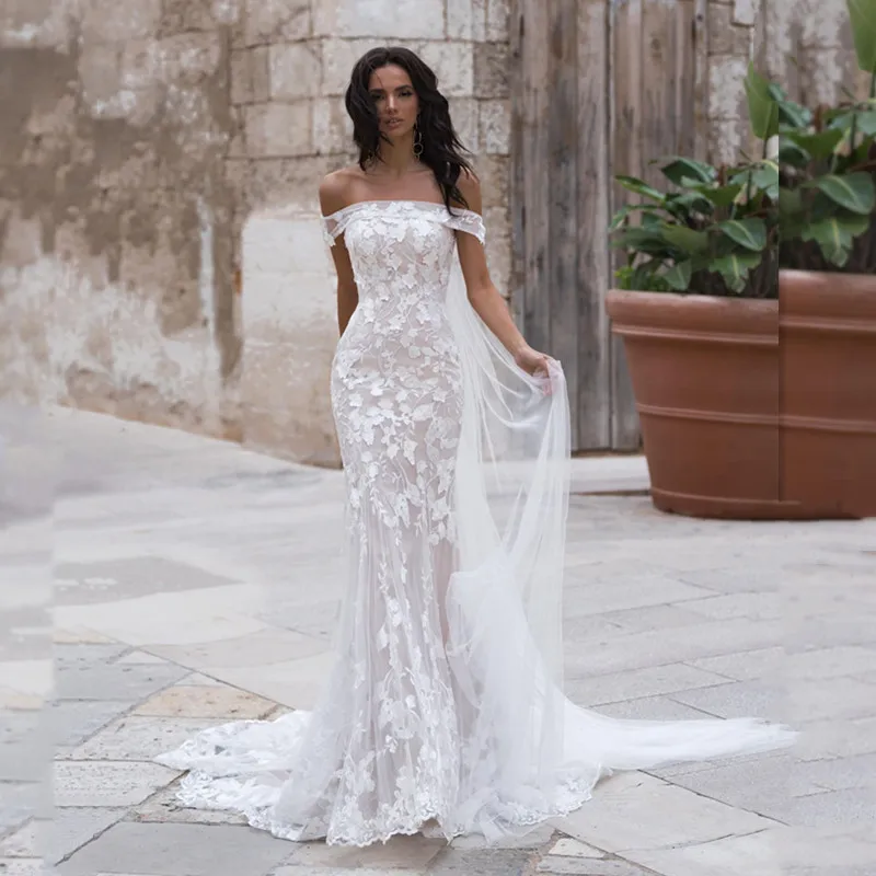 Романтическое свадебное платье-Русалка с запахом Кружевная аппликация