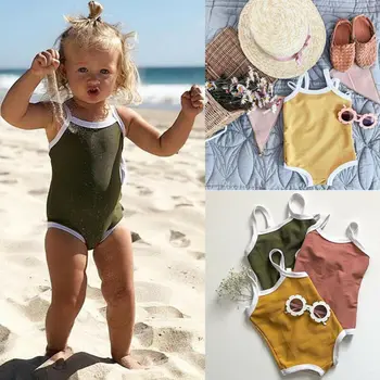 

2020 Summer Swimsuit Newborn Children Kid Baby Girl Swimwear Swimsuit One-piece Bikini Beachwear Strap Solid Ribbed Tankini Suit