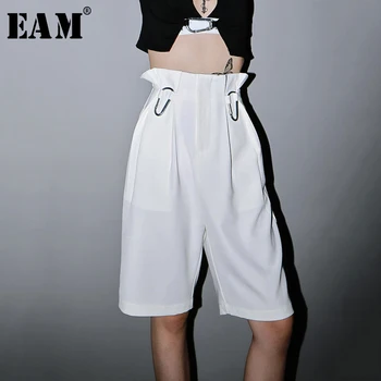 

[EAM] High Waist Black Buckle Split Wide Leg Knee Length Trousers New Loose Fit Pants Women Fashion Spring Summer 2020 1U375