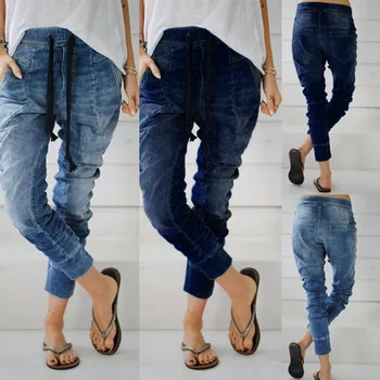 

Women Large size stretch plus loose denim Jeans Elastic Plus Casual Drawstring Cropped women's Jeans autumn 9.18