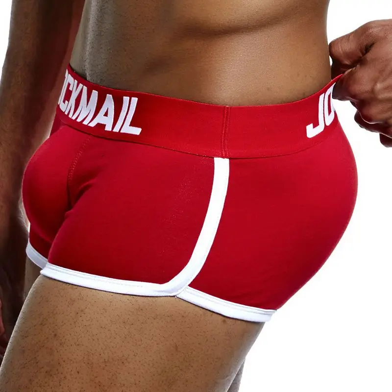 JOCKMAIL, фирменное Мужское нижнее белье, боксеры, плавки с сексуальным мешочком для пениса, усиление выпуклости спереди+ сзади, Двойная съемная чашка пуш-ап - Цвет: Красный