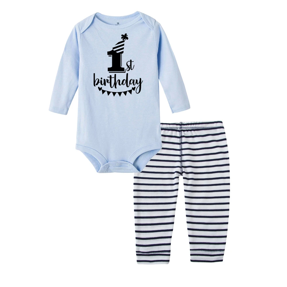 Комплект хлопковой одежды для малышей «Мой первый день рождения», комбинезон с длинными рукавами для новорожденных мальчиков и девочек, комплект со штанами в полоску, комплект одежды из 2 предметов на возраст от 0 до 24 месяцев - Цвет: R148-LPPLBBU-