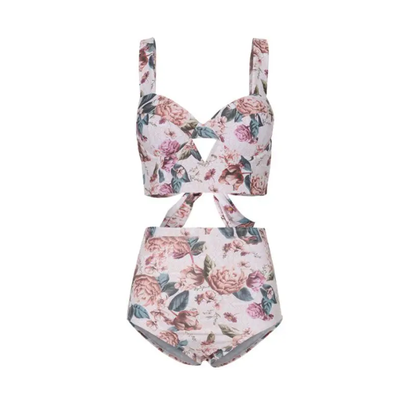 

Женский комплект бикини в стиле ретро, купальный костюм с цветочным принтом, пикантная Майка и трусики, пляжная одежда из двух предметов, купальный костюм с бантом