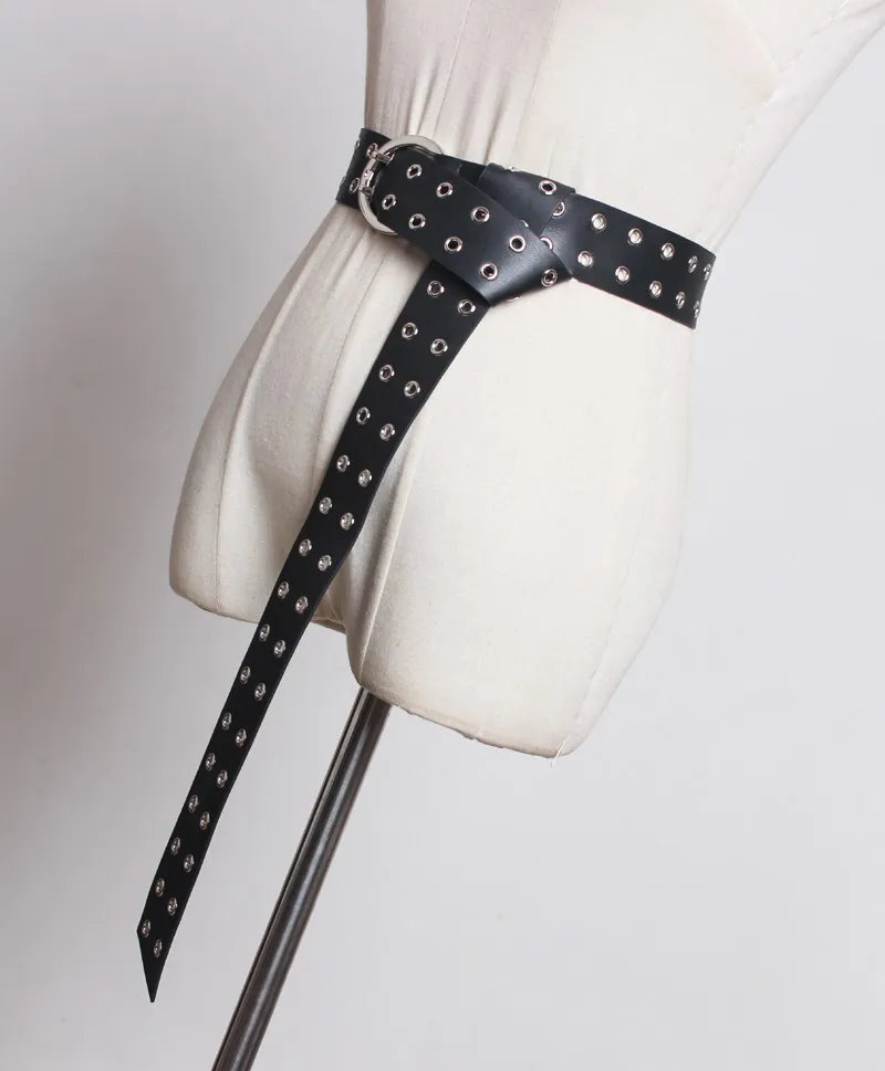 [YaLee] New Fashion Summer Autumn Metal Round Pin Buckle Eyelet Rivets PU Leather Long Girdle Wide Waist Belts Woman N240