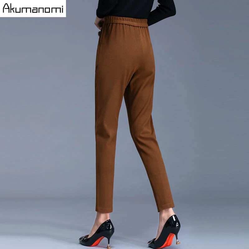 Осень весна Карандаш Длинные брюки женская одежда серый коричневый эластичный пояс брюки размера плюс с карманом 4XL 3XL 2xl Xl-M