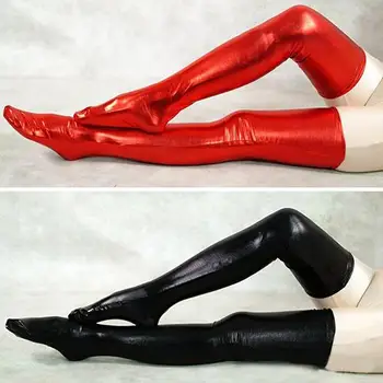 

HOT SALES!!! Womens Black Stockings Spandex Thigh High Latex Socks Glam Rock Gothic Wetlook Sexy Women Stockings+Thongs