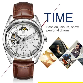 

TEVISE Men Watch Tourbillon Automatic Leather Strap Watches Luxury Moon Phase Mechanical Waterproof Watch Hollow Out Dial 795a