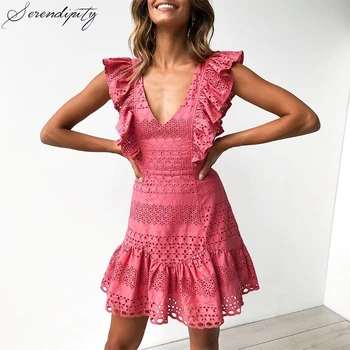 

SRDP Ruffle Cotton Lace Hollow Out Elegant Dress Women Summer White Deep V Neck Casual Backless Mini Dress Beach Short Vestidos
