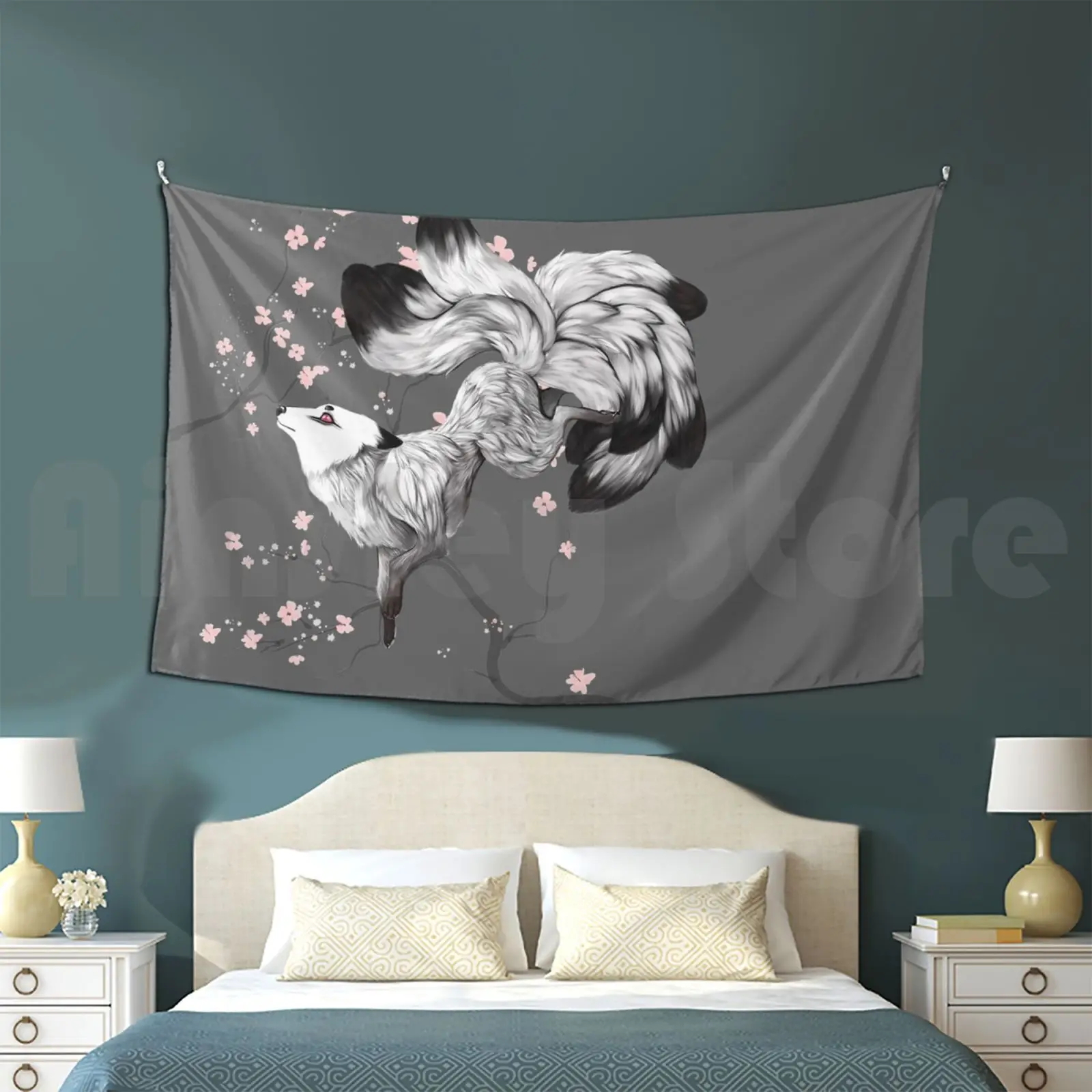 Kitsune Blossom Customized Tapestry Kitsune Cherry Blossom Fox Spring Nine Tailed Fox Nine Tails Yokai
