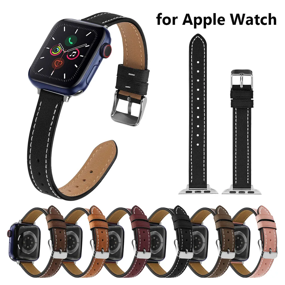 Ремешок из натуральной кожи для Apple Watch SE 42 мм 44 тонкий черный браслет iWatch Series 6 5 4 3 2