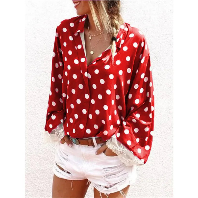 

Women Plus Size Fashion Casual T-shirt Long Sleeve Button Lace Edge Blouse Dot Printing Loose Shirt Tops S-5XL