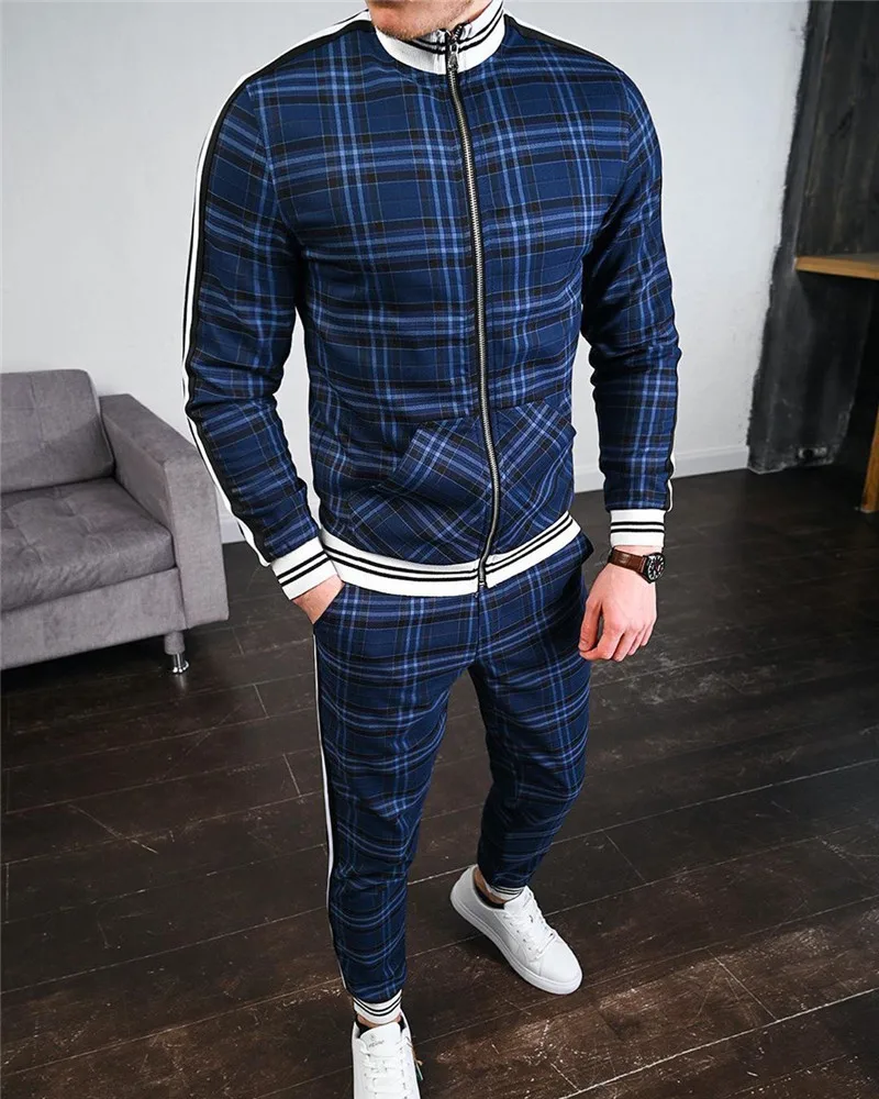 

Europe and Amer 'ins sets 3D printed plaid casual men's wear popular logo large casual sportswear suitsets