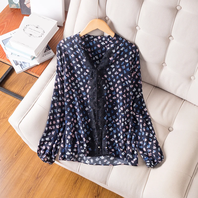Женская блузка натуральная шелковая креповая блузка с принтом рубашка кружевная с v-образным вырезом офисные женские блузки осень зима OL рубашка