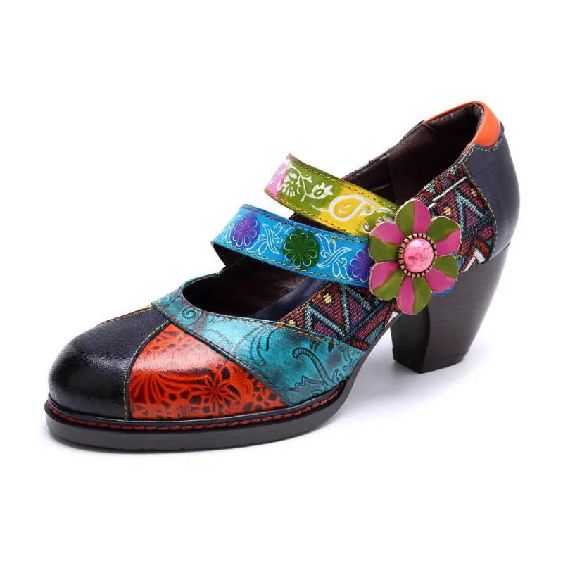 

FancyQube Bohemian Women Mary Jane Shoes Comfortable Handmade Genuine Leather Wedges Pumps Shoes For Colorful Summer Retro Shoes