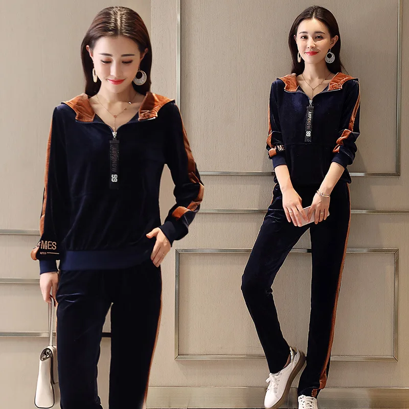 

2018 Spring And Autumn New Style Korean-style Long Sleeve Casual Gold Velvet Sports Clothing WOMEN'S Suit Fashion Hoodie Two Pie