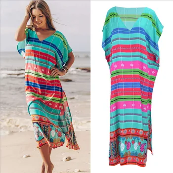 

Cover Up Beach Dress Swim Out Woman Pareo Women Tunic Swimsuit Ladies Cotton Colorful Striped Irregular Print Upper Garment