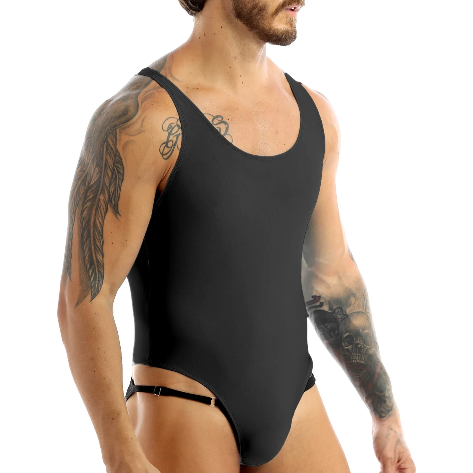 Mens Lingerie High Cut Bodysuit Leotard Singlet Underwear Sleeveless with Bulge Pouch