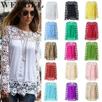 

WEPBEL Plus Size Women's Blouses Chiffon Lace Crochet Hollow Out Long Sleeve Shirt Loose Solid Color Blouse S-7XL
