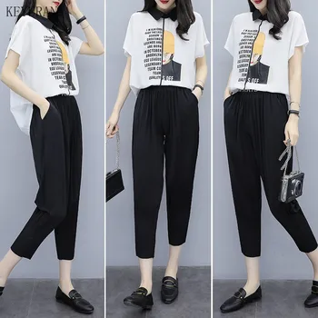 

Two Piece Sets Outfits Women Plus Size Print Blouses/Shirts Top And Pants Suits Korean Women's Summer Casual 2 Piece Sets 2020