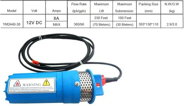 Pompe à eau Submersible 12V DC, 360LPH 230 pieds/70M, ascenseur