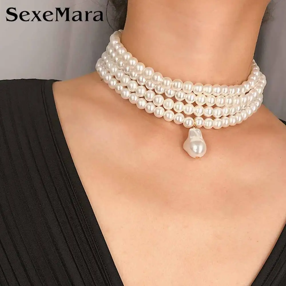 

SexeMara Personalized Versatile Lady Necklace Geometric Beaded Item Simple Multi-layered Pearl Heterosexual Pendant Jewelry Gift