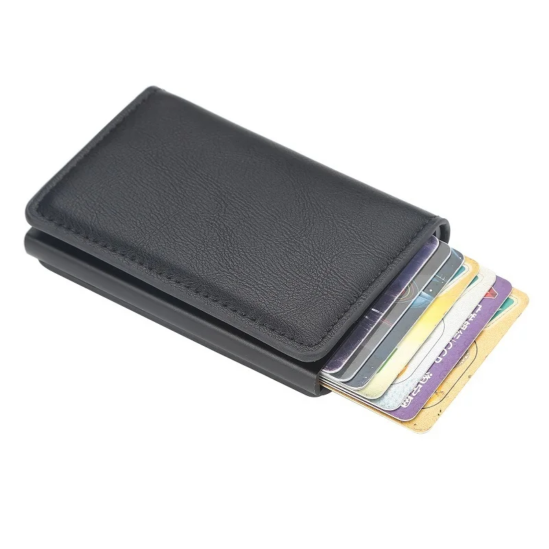 Tarjetero antirrobo de aluminio para hombre, billetera de cuero PU Unisex con bloqueo Rfid, información de seguridad