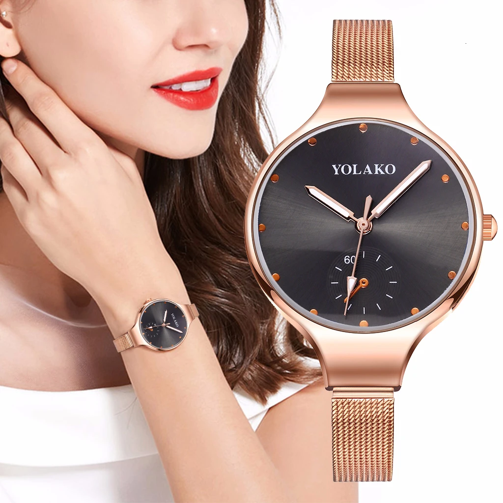 

YOLAKO Brand Women Spuer Thin Stainless Steel Mesh Belt Watch Ladies Luxury High Quality Casual Wristwatches Gift Clock