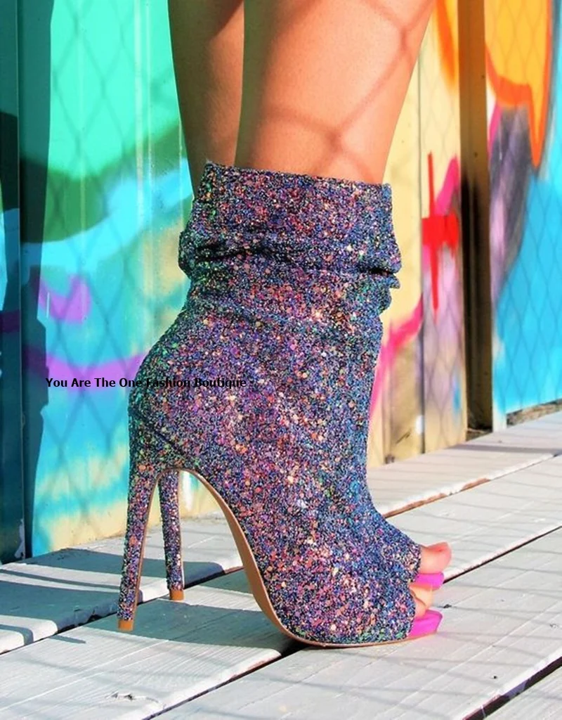 

Designer bling crystal glitter short boots women thin high heel platform open peep toe anke boots autumn stiletto heeled shoes