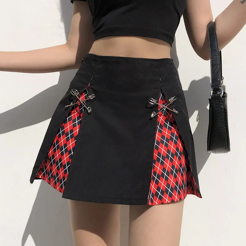 Harajuku Gothic Tie Up Checkered Mini Skirt Y2K Aesthetic Punk Plaid Pleated High Waisted Short Skirt Ladies Fashion Streetwear