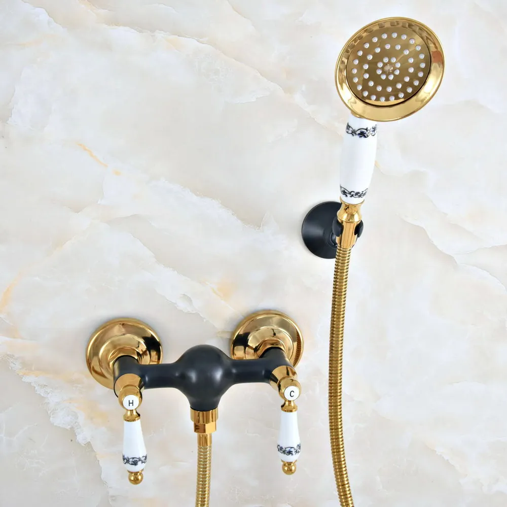 

Luxury Gold Color Brass Black Oil Rubbed Bronze Wall Mounted Bathroom Hand Held Shower Head Faucet Set Bath Mixer Tap mna506