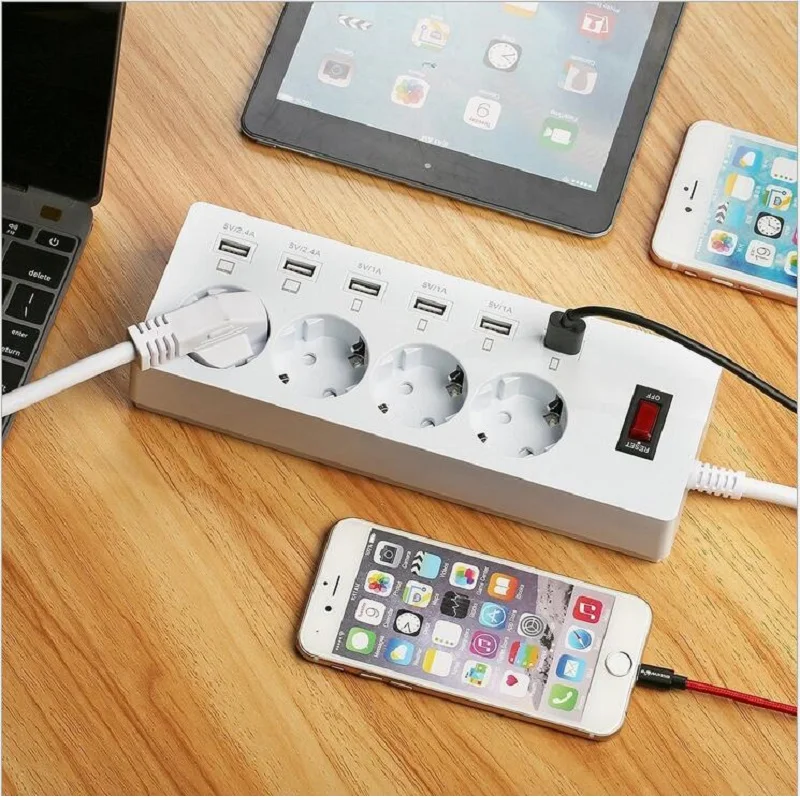 Мощность лента электрической розетки Вилки адаптеры с 5 Порты USB Зарядное