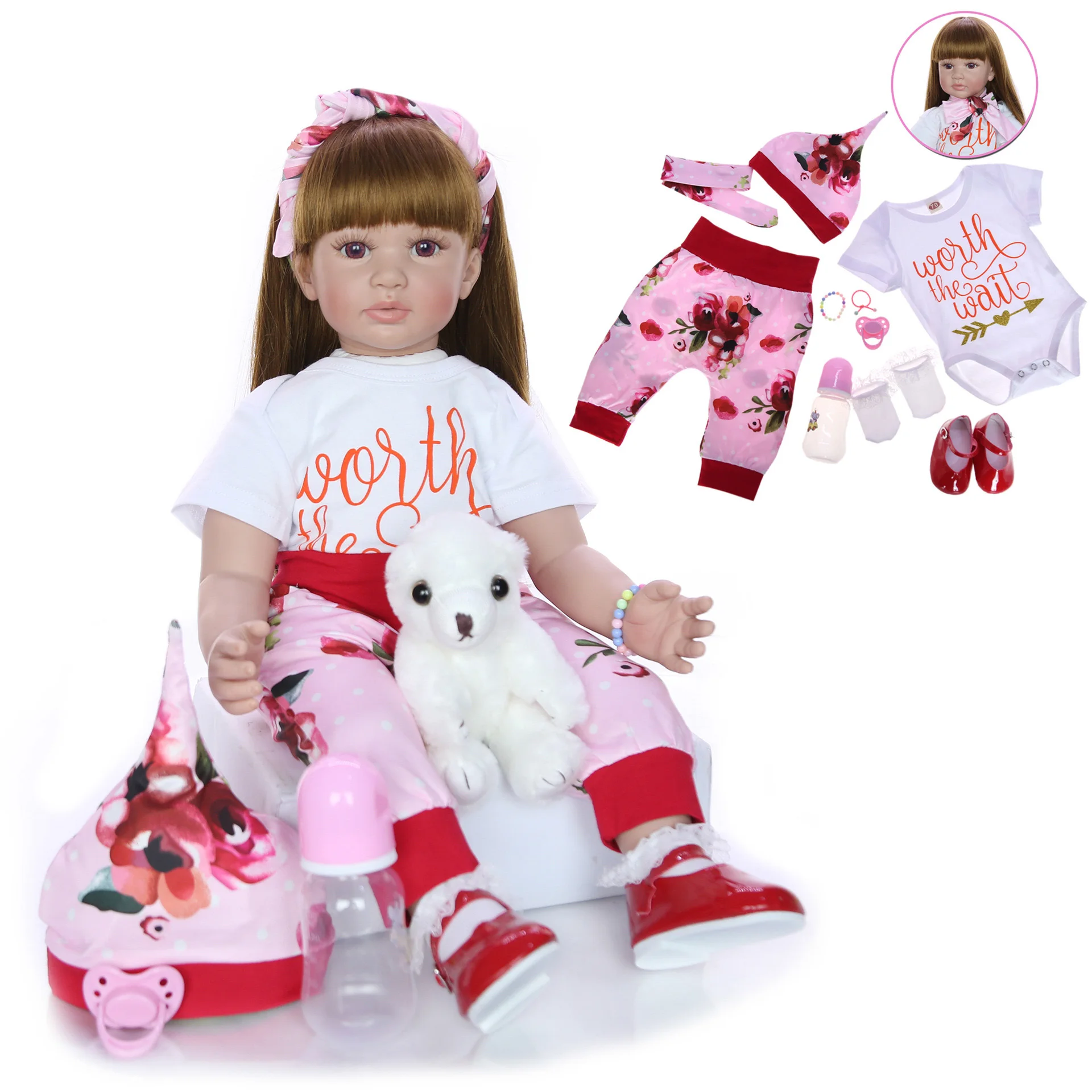

2019 New Fashion Reborn Baby Doll 60 CM Cartoon Baby Reborn Boneca Dolls Silicone Vinyl Doll With Long hair Realistic Toys