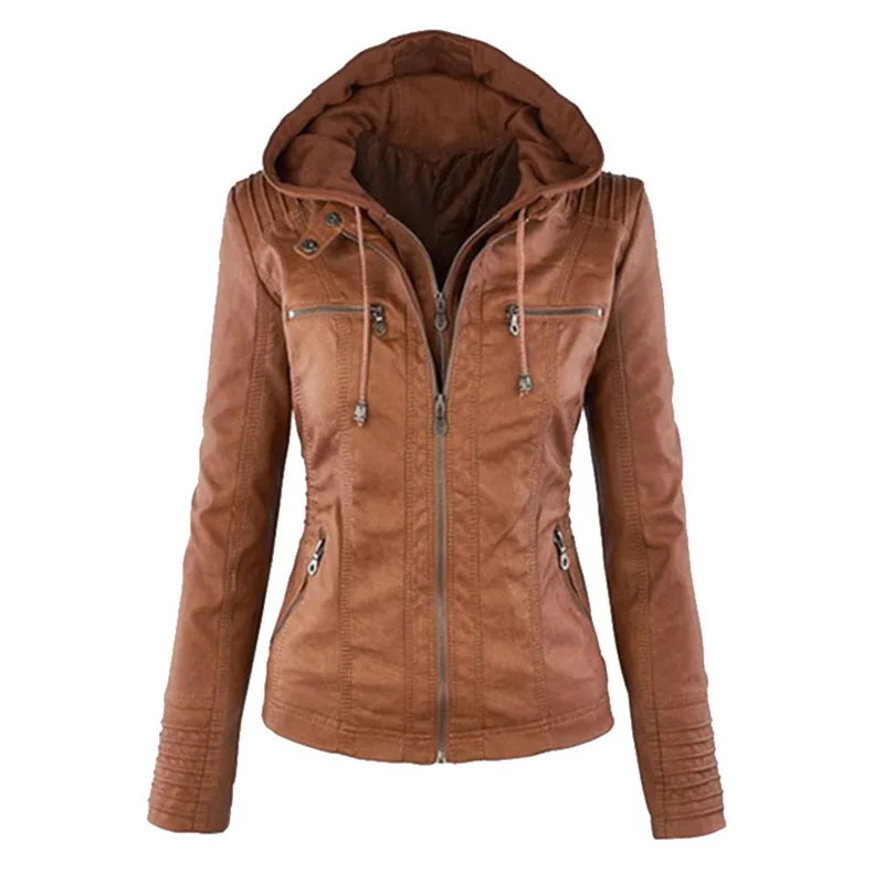 LASPERAL куртка из искусственной кожи женские толстовки Готический мотоцикл Базовая куртка из искусственной кожи Верхняя одежда с капюшоном на молнии водонепроницаемое Женское пальто - Цвет: A brown