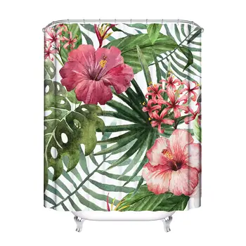 

Modern Fashion Floral Leaves Shower Curtain Durable Mildewproof Bath Curtain Waterproof Odorless Bathroom Curtain with 12pcs