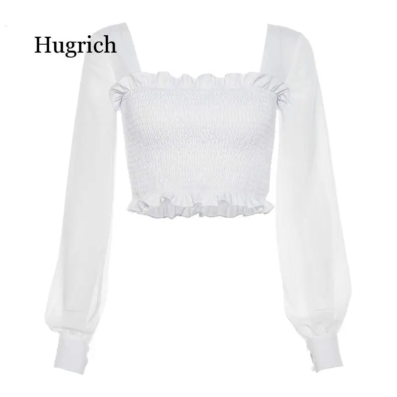 

Ruffles See-Through Tops Women T-Shirts Spring Summer Elegant Ladies White Black Stretch Slim Teeshirts