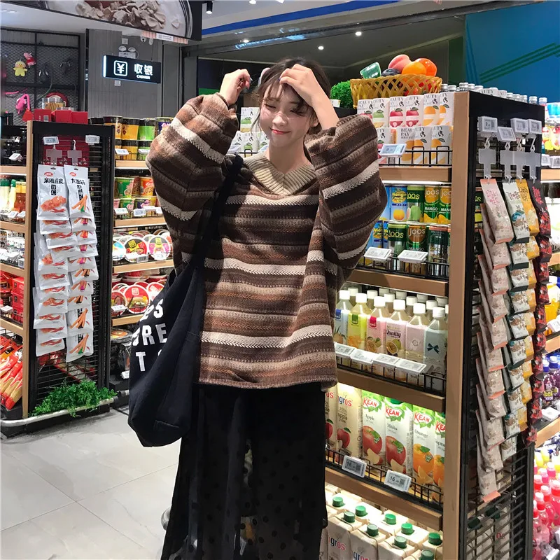 Женский спортивный женский свободный bf удобный ленивый ветер в полоску Harajuku с капюшоном дикий толстый cec куртка пальто