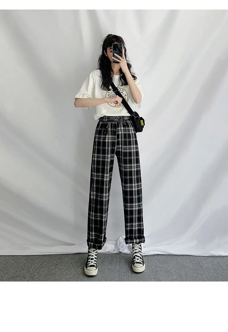 HOUZHOU Checked Black Loose Pants Women2020 Korean Style Plus Size Joggers Women Pants in a Cage For Trousers Women