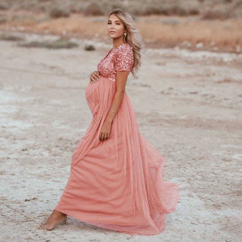 pink sequin maternity dress