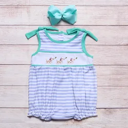 Summer Girls Clothes Purple Stripes Sleeveless Puppy Chasing Bee Embroidery Pattern Toddler Baby Rompers