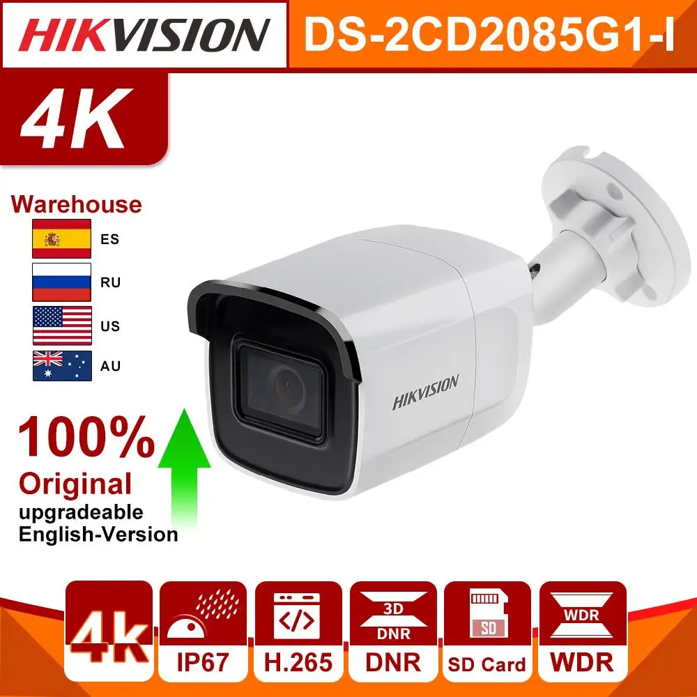 Hikvision Original 8MP 4K IP Camera DS-2CD2085G1-I IR Bullet Network Camera Darkfighter IR 30M IP67 IK10 Poe IPC SD Card Slot