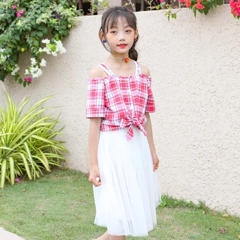 

New 2020 Summer Girls Mesh Patchwork Dresses Plaid Baby Girls Dresses Personality Fake Two Piece Kids Dresses for Girls, #9009