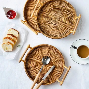 

Round Natural Rattan Coasters Bowl Pad Insulation Placemats Table Padding Cup Mats Kitchen Decoration Bread Basket with Handles