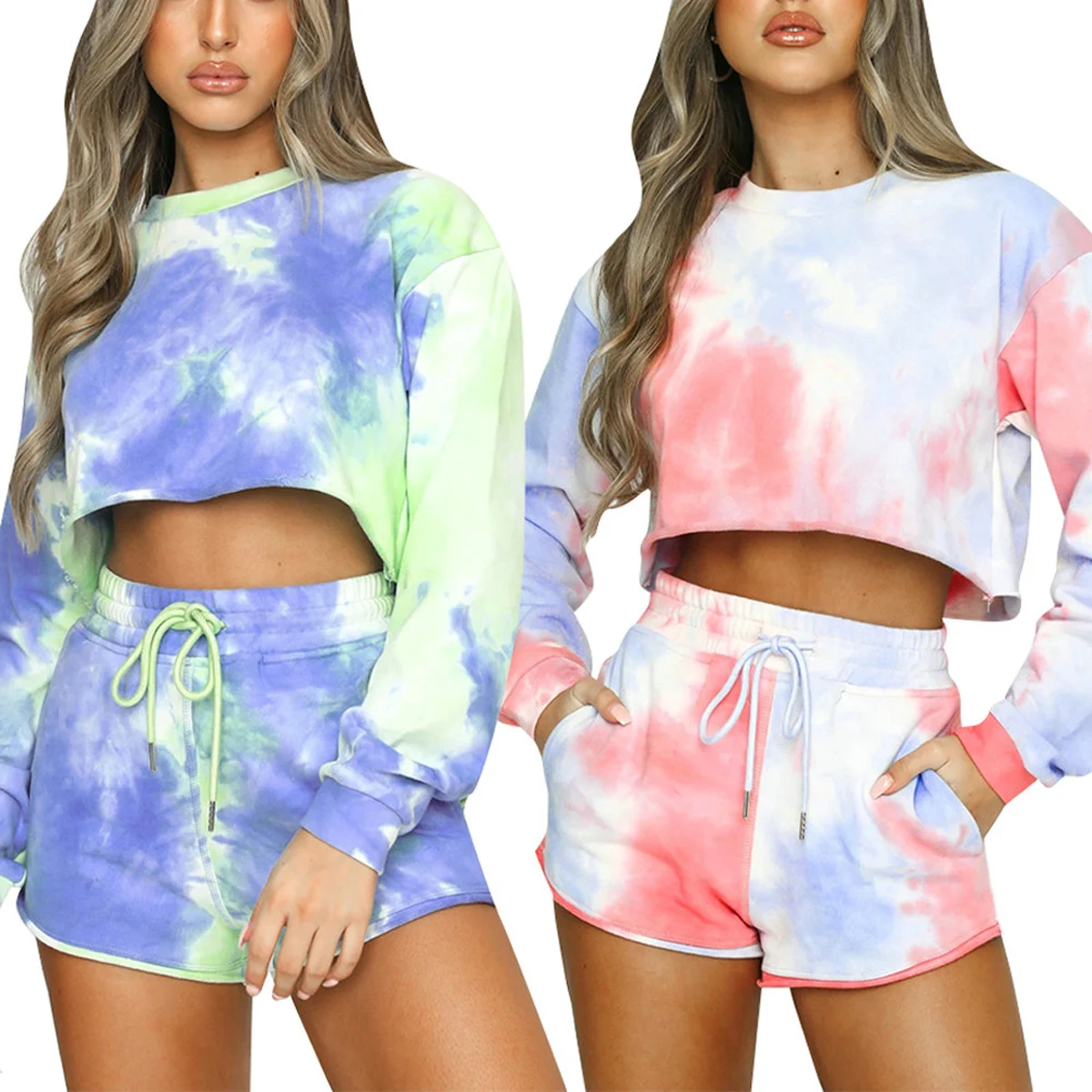 

Women's Tie Dye Set 2020Autumn Fashion Casual Loose Pullover Long Sleeve Sweatshirt T-Shirt&Shorts Set For Female Two Pieces Set
