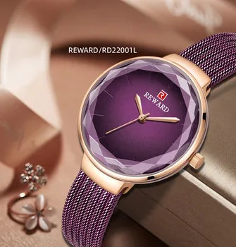 

TOP Brand REWARD Purple Women Watch with Polygonal Glass ElegantPersonality Design Female Wife Gift Wristwatches