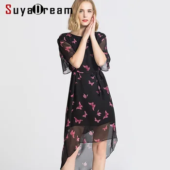 

Women Belted Dress 100%Real Silk Butterfly Pattern Printed Dresses Casual Dress For Women 2019 Fall Winter New Black Dress